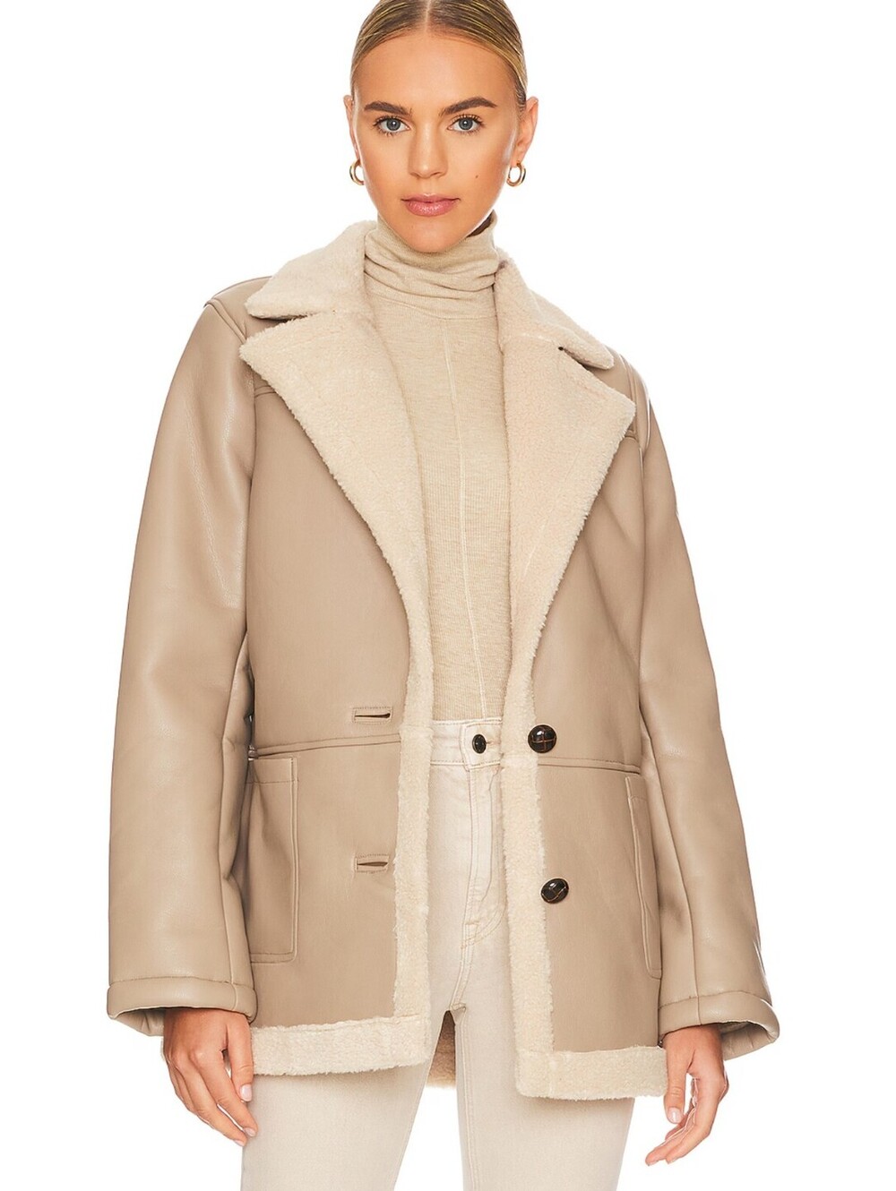 ASTR the Label Francine Faux Leather Shearling Jacket Taupe Small Coat